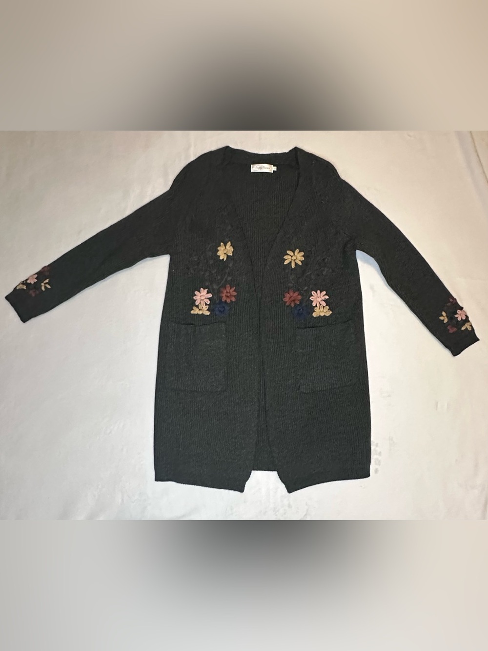 Simply Couture Dark Gray Open-Front Cardigan with Floral Appliqué